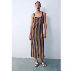 Zara LONG STRIPED DRESS Open Back w/ Side Slits Multi Color